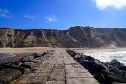 View of the cliffs on the Danish North Sea coast near Ferring from a walk-in breakwater