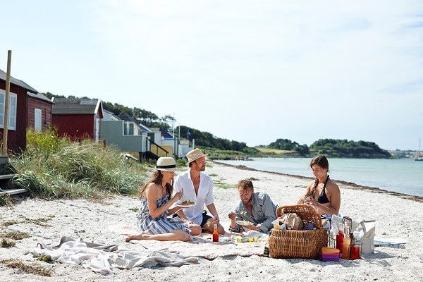 Strandpicknick mit Häuschen und Meer im Hintergrund 