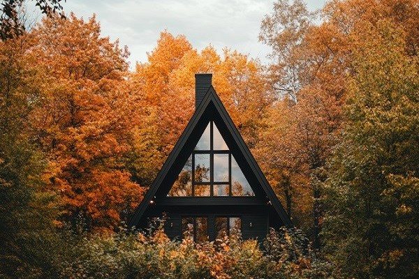 Ferienhaus mit großen Fenstern inmitten von Herbstbäumen