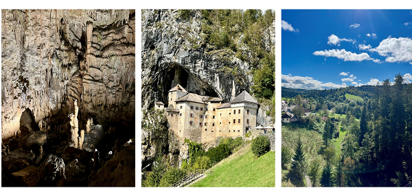 Collage mit Bildern von der Postojna-Höhle und Burg Predjama in Slowenien