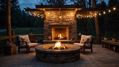 Knisterndes Feuer auf Terrasse im Abendlicht