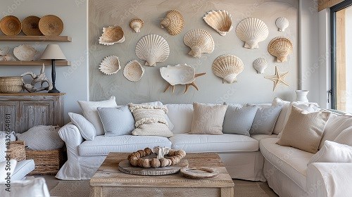 Wohnzimmer mit Muscheln an der Wand