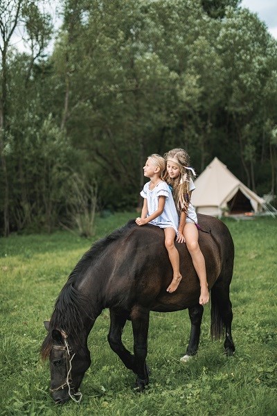 Zwei Mädchen sitzen auf dem Pony