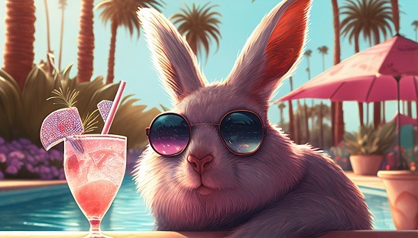 Ein lila Hase sitzt vor seinem rosa Drink am Pool mit Palmen