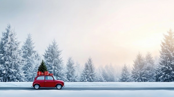 Ein rotes Auto fährt durch schneebedeckte Landschaft mit Tannenbaum auf dem Dach