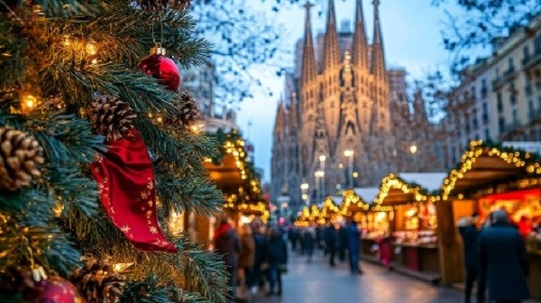 Sacrada Familia in Barcelona mit Weihnachtsmarkt und Tannenbaum