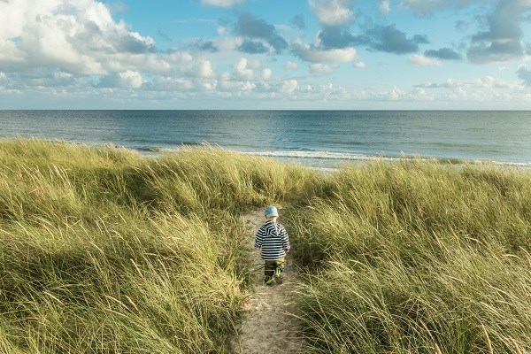 Ein kleiner Junge, der auf einem Dünenpfad mit Strandhafer zum Meer hinunterläuft