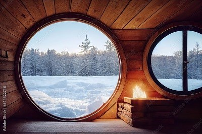 Blick aus der Sauna in die verschneite Landschaft